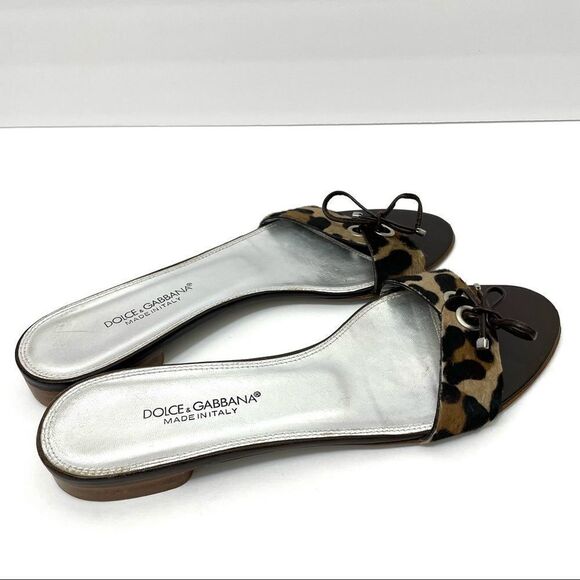 Dolce & Gabbana Leopard Print Calf Hair One Strap Slide Sandals With Tie size 10 - Picture 9 of 15